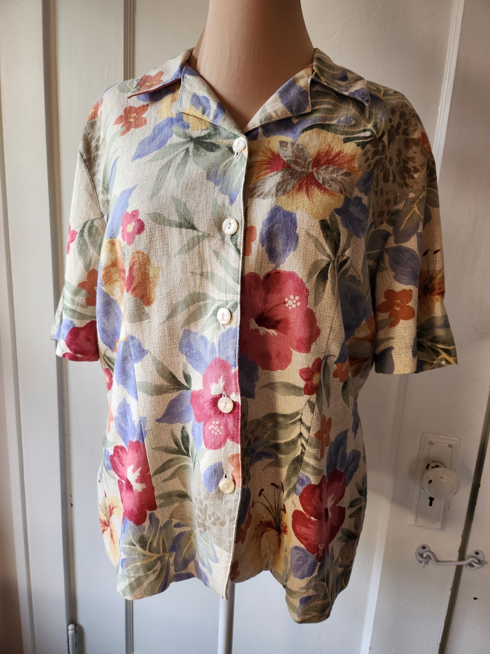 Vtg Linen Hawaiian Tropical Hibiscus Button-Down Shirt Short Sleeve